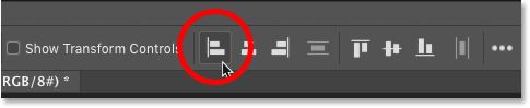 النقر فوق أيقونة Align Left Edges في شريط الخيارات في Photoshop