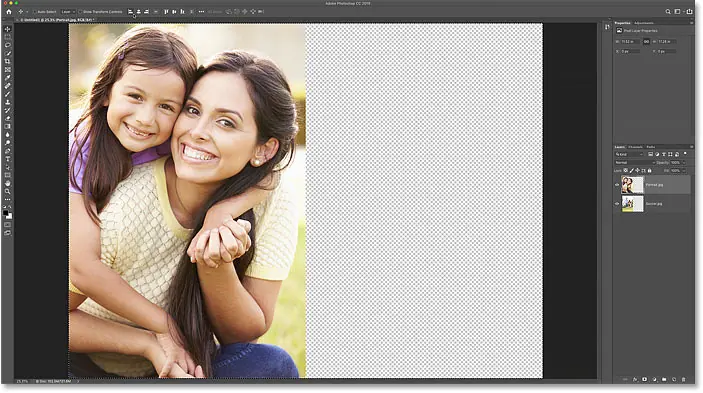 Align the left edge of the top image with the left edge of the canvas in Photoshop