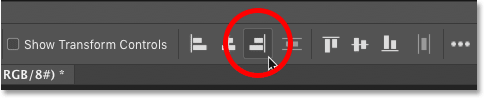 النقر فوق أيقونة Align Right Edges في شريط الخيارات في Photoshop