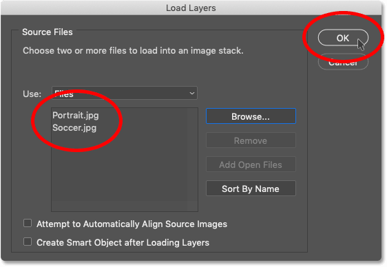 Загрузите два изображения в Photoshop с помощью команды «Загрузить файлы в стек».