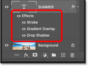 The Layers panel in Photoshop displays layer effects applied to text