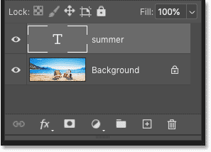 El panel Capas en Photoshop muestra la capa de texto sobre la imagen