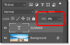 Уменьшите значение заливки текстового слоя до 0 процентов на панели «Слои» в Photoshop.
