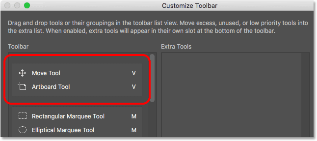 يعرض مربع حوار Customize Toolbar مجموعة Move Tool و Artboard Tool.