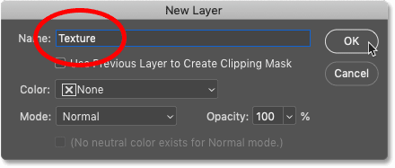 Label the layer in the New Layer dialog box in Photoshop