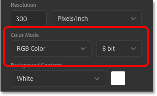 خيارات Color Mode و Bit Depth في شاشة New Document.
