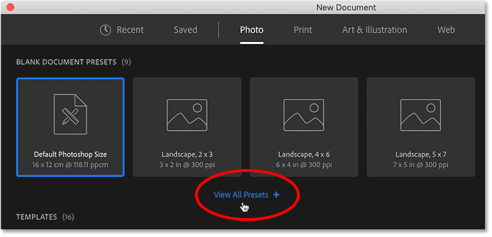 Al hacer clic en la opción Ver todos los ajustes preestablecidos en el cuadro de diálogo Nuevo documento en Photoshop.