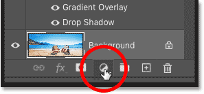Clicking the New Fill or Adjustment Layer icon in the Layers panel in Photoshop