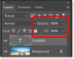 Opciones de Opacidad y Relleno en el panel Capas en Photoshop