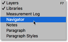 Open the Navigator panel from the Window menu in Photoshop