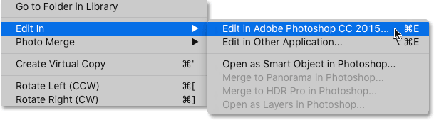 Elegir un comando de edición en Adobe Photoshop en Lightroom CC.