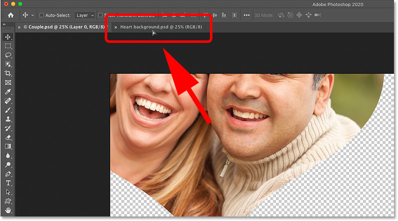 Перетащите фигуру на вкладку документа «Фоновое изображение» в Photoshop.