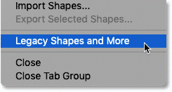 Load legacy shapes and more from the Shapes panel menu in Photoshop