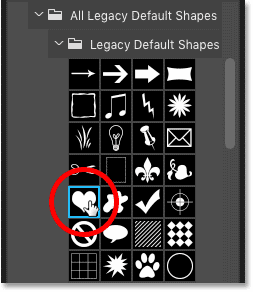 Selecting a shape in the Shapes panel in Photoshop CC 2020