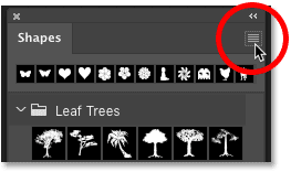 Clicking the Shapes panel menu icon in Photoshop