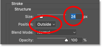 Adjust position and size options for the stroke around the shape in Photoshop