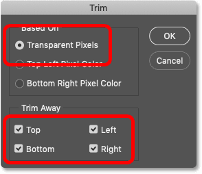 مربع الحوار Trim في Photoshop