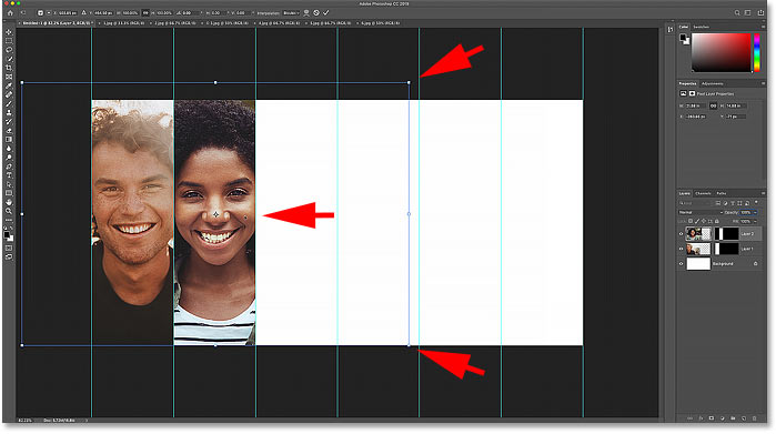 Ändern Sie die Größe des zweiten Bildes in der Collage und verschieben Sie es mit dem Photoshop-Befehl „Frei transformieren“.