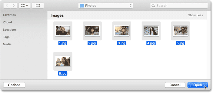 Select and open the photos to be added to the Photoshop collage