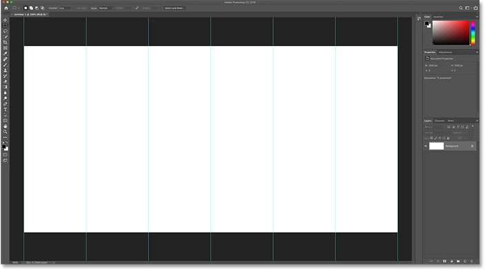 El documento de Photoshop se divide en secciones verticales mediante guías.