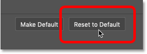 Нажатие кнопки «Восстановить значения по умолчанию» для эффекта слоя «Обводка» в Photoshop.