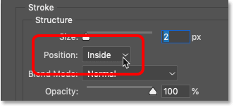 Reposition the Stroke layer effect to Inside in Photoshop