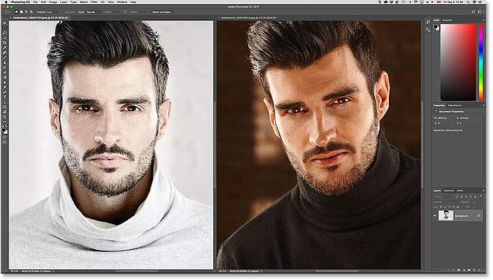 عرض صورتين مفتوحتين في وقت واحد في Photoshop باستخدام التخطيط الرأسي 2-up.