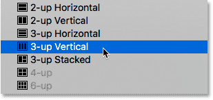 Choosing a 3-up portrait layout in Photoshop.