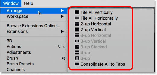 Multiple document layout options in Photoshop.