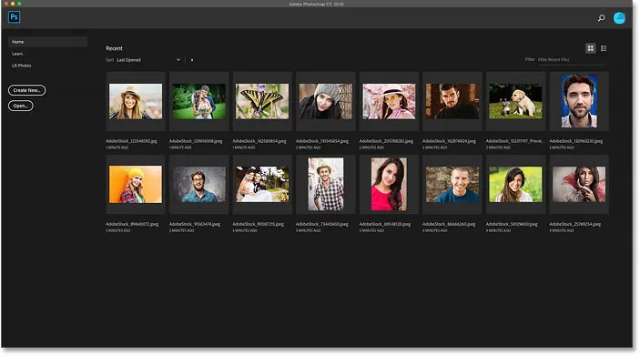 The main screen in Photoshop CC displays thumbnails of recent files.