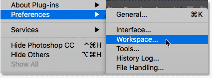 Abra las preferencias de Workspace en Photoshop CC.