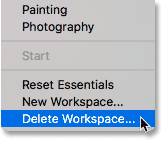 اختيار أمر Delete Workspace في Photoshop.