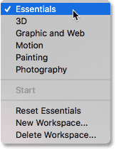 Return to the default Essentials workspace in Photoshop.