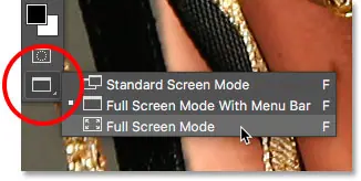 تحديد وضع الشاشة الكاملة من شريط الأدوات في Photoshop. 