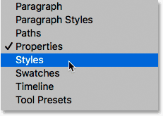 Open the Styles panel from the Window menu in Photoshop.