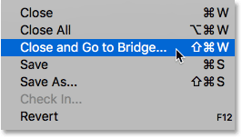 Choosing the Close and Go to Bridge command in Photoshop.