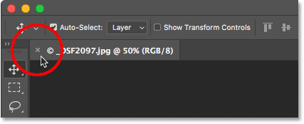 To close a Photoshop document, click the "x" icon on the tab.
