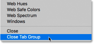تحديد أمر Close Tab Group في Photoshop CS6. 