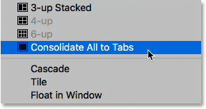 Choosing the Consolidate All to Tabs command in Photoshop.