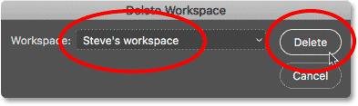 مربع الحوار Delete Workspae في Photoshop.