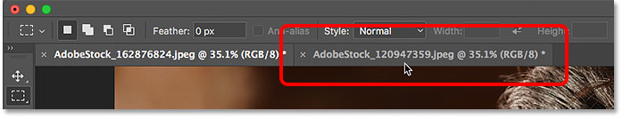 Clicking document tabs to switch between open images in Photoshop