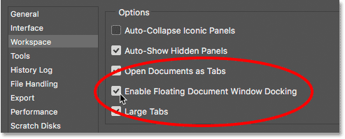 خيار Enable Floating Document Window Docking في تفضيلات Photoshop.