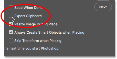 Clipboard export option in Photoshop Preferences.