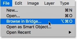 Выберите команду «Обзор в Bridge» в меню «Файл» Photoshop.