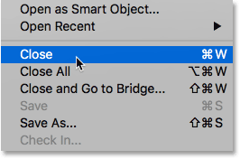 Choosing the Close command in Photoshop.