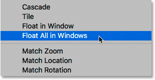 اختيار أمر Float All in Windows في Photoshop.
