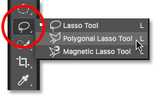In der Photoshop-Symbolleiste werden das Lasso-Werkzeug, das Polygon-Lasso-Werkzeug und das Magnetische Lasso-Werkzeug angezeigt.