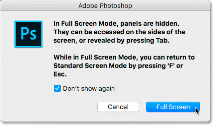 تعليمات وضع ملء الشاشة في Photoshop. 