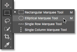 El menú emergente de la barra de herramientas de Photoshop enumera las herramientas anidadas.