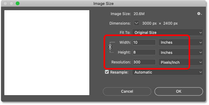 مربع الحوار Image Size في Photoshop.